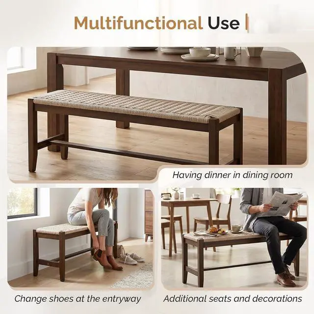 Alt view image 7 of 7 - VINGLI Boho Wicker Bench Wood Frame Rattan Seat Indoor Entryway Walnut | Fits Entryway, Bedroom, Dining Room, Living Room, End of Bed, Extra Seating, Decorative Furniture Accent