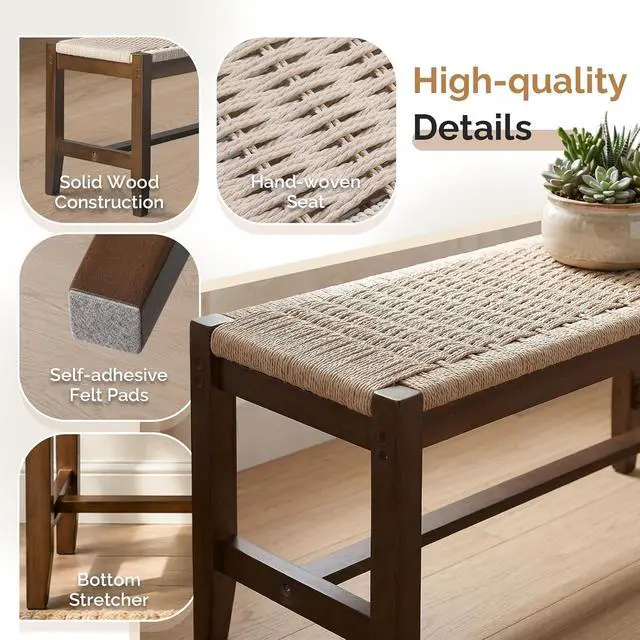 Alt view image 6 of 7 - VINGLI Boho Wicker Bench Wood Frame Rattan Seat Indoor Entryway Walnut | Fits Entryway, Bedroom, Dining Room, Living Room, End of Bed, Extra Seating, Decorative Furniture Accent