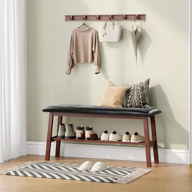 Alt view image 2 of 7 - VINGLI 39 Inch Padded Solid Wood Dining Bench with Shoe Rack Storage Walnut | Padded Solid Wood Construction, Leather Bench, Built-in Shoe Rack Storage, Comfortable Seat, Multi-Room Entryway Furniture