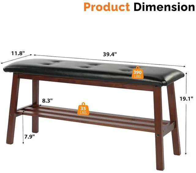 Alt view image 3 of 7 - VINGLI 39 Inch Padded Solid Wood Dining Bench with Shoe Rack Storage Walnut | Padded Solid Wood Construction, Leather Bench, Built-in Shoe Rack Storage, Comfortable Seat, Multi-Room Entryway Furniture