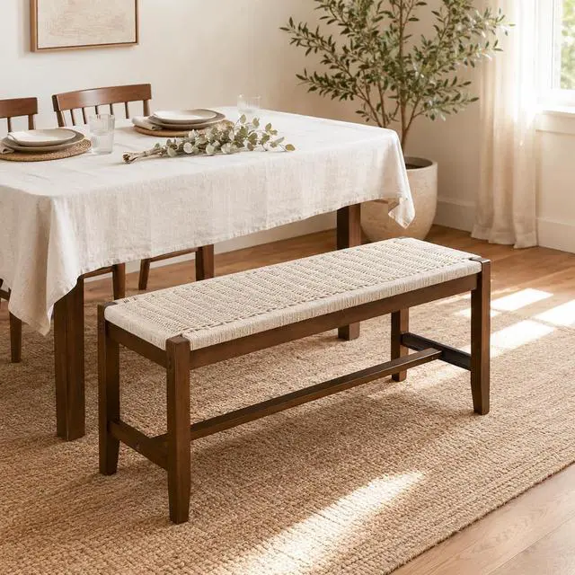 Alt view image 2 of 7 - VINGLI Boho Wicker Bench Wood Frame Rattan Seat Indoor Entryway Walnut | Fits Entryway, Bedroom, Dining Room, Living Room, End of Bed, Extra Seating, Decorative Furniture Accent