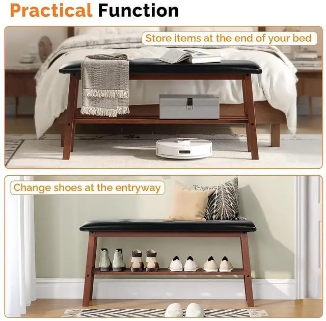 Alt view image 4 of 7 - VINGLI 39 Inch Padded Solid Wood Dining Bench with Shoe Rack Storage Walnut | Padded Solid Wood Construction, Leather Bench, Built-in Shoe Rack Storage, Comfortable Seat, Multi-Room Entryway Furniture