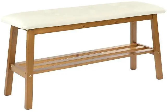 Main image of VINGLI Padded Solid Wood Dining Bench with Shoe Rack Storage Light Brown | Padded Solid Wood Construction, 39" Bench, Built-in Shoe Rack Storage, Comfortable Seat, Multi-Room Entryway Furniture