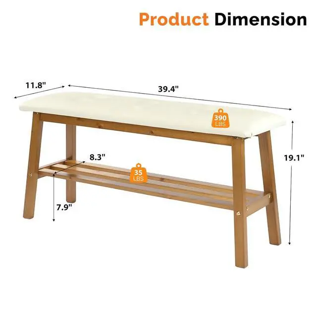 Alt view image 3 of 7 - VINGLI Padded Solid Wood Dining Bench with Shoe Rack Storage Light Brown | Padded Solid Wood Construction, 39" Bench, Built-in Shoe Rack Storage, Comfortable Seat, Multi-Room Entryway Furniture