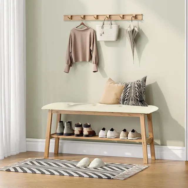 Alt view image 2 of 7 - VINGLI Padded Solid Wood Dining Bench with Shoe Rack Storage Light Brown | Padded Solid Wood Construction, 39" Bench, Built-in Shoe Rack Storage, Comfortable Seat, Multi-Room Entryway Furniture