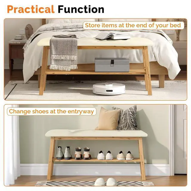 Alt view image 4 of 7 - VINGLI Padded Solid Wood Dining Bench with Shoe Rack Storage Light Brown | Padded Solid Wood Construction, 39" Bench, Built-in Shoe Rack Storage, Comfortable Seat, Multi-Room Entryway Furniture