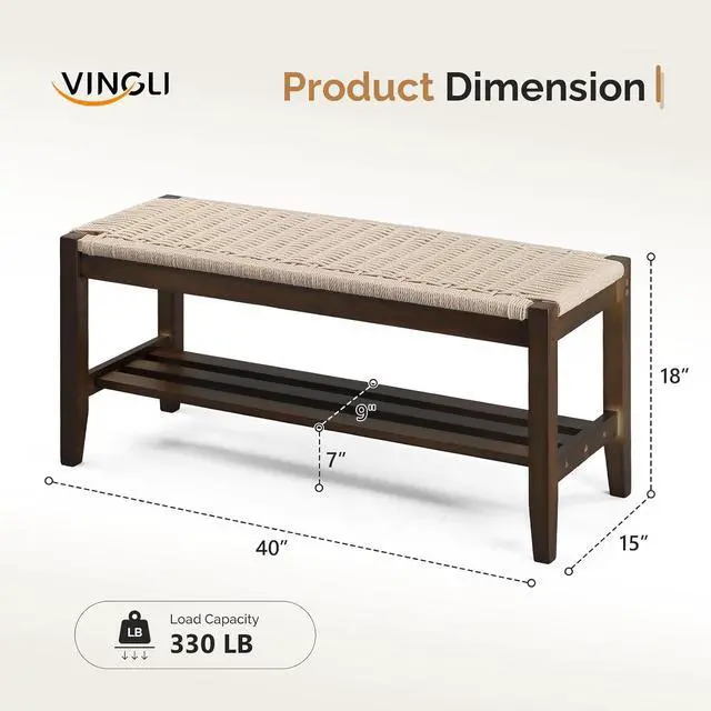 Alt view image 2 of 7 - VINGLI Boho Storage Bench Rattan Seat Wood Frame Entryway Bench Walnut | Natural Woven Rattan Seat, Hidden Storage Space, Solid Wood Frame, Boho Style, Multi Room Use, Comfortable Indoor Bench