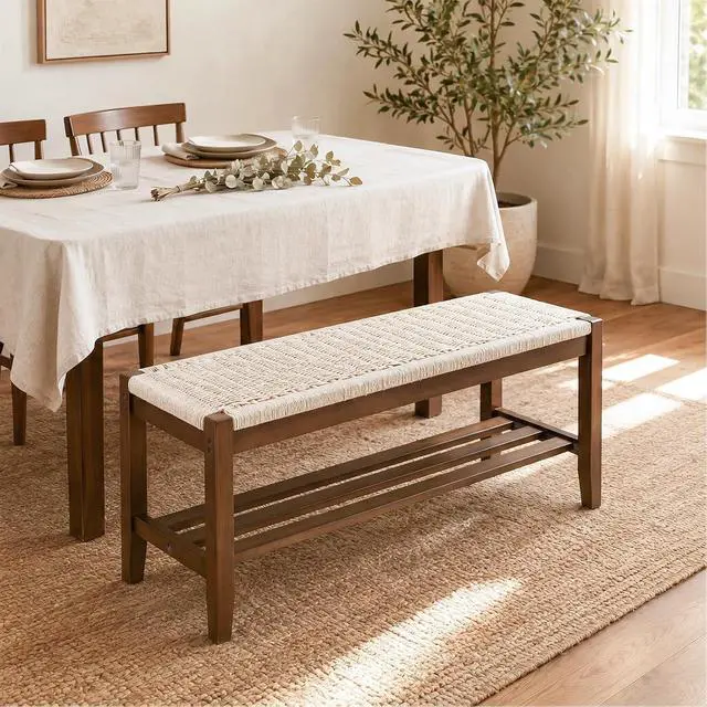 Alt view image 4 of 7 - VINGLI Boho Storage Bench Rattan Seat Wood Frame Entryway Bench Walnut | Natural Woven Rattan Seat, Hidden Storage Space, Solid Wood Frame, Boho Style, Multi Room Use, Comfortable Indoor Bench