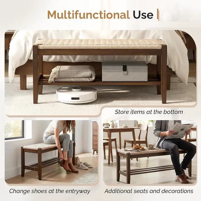 Alt view image 5 of 7 - VINGLI Boho Storage Bench Rattan Seat Wood Frame Entryway Bench Walnut | Natural Woven Rattan Seat, Hidden Storage Space, Solid Wood Frame, Boho Style, Multi Room Use, Comfortable Indoor Bench