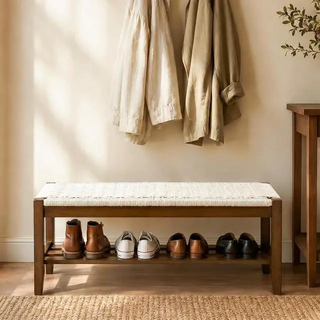 Alt view image 7 of 7 - VINGLI Boho Storage Bench Rattan Seat Wood Frame Entryway Bench Walnut | Natural Woven Rattan Seat, Hidden Storage Space, Solid Wood Frame, Boho Style, Multi Room Use, Comfortable Indoor Bench