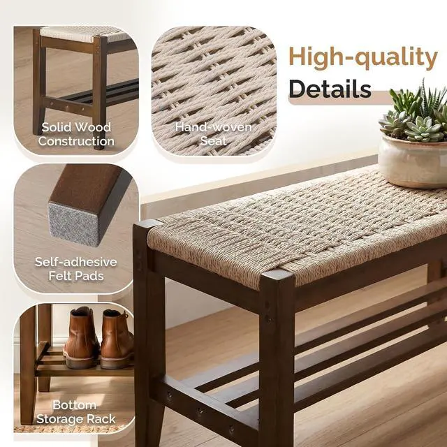 Alt view image 6 of 7 - VINGLI Boho Storage Bench Rattan Seat Wood Frame Entryway Bench Walnut | Natural Woven Rattan Seat, Hidden Storage Space, Solid Wood Frame, Boho Style, Multi Room Use, Comfortable Indoor Bench
