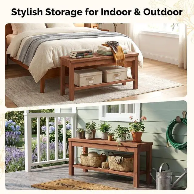 Alt view image 6 of 7 - VINGLI Rustic Storage Bench, Solid Wood Seat with Storage Shelf, Indoor Outdoor Shoe Rack, 450lbs Capacity Small Outdoor Bench for Mudroom Entryway Patio Porch (Brown, 40in)