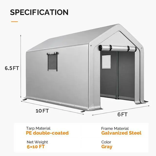 Alt view image 2 of 7 - VINGLI 6x10 FT Outdoor Storage Shelter Shed, Heavy Duty Portable Garage with Roll-up Zipper Door, Waterproof and UV Resistent Carport Tent for Motorcycle, Garden Tools, Firewood, Gray