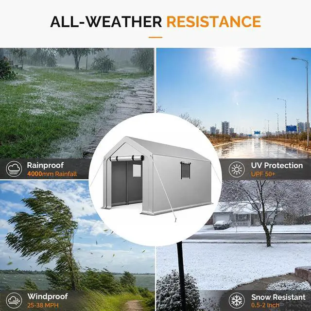 Alt view image 3 of 7 - VINGLI 6x10 FT Outdoor Storage Shelter Shed, Heavy Duty Portable Garage with Roll-up Zipper Door, Waterproof and UV Resistent Carport Tent for Motorcycle, Garden Tools, Firewood, Gray