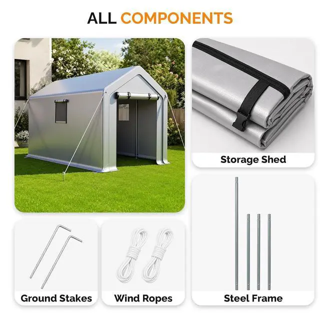 Alt view image 5 of 7 - VINGLI 6x10 FT Outdoor Storage Shelter Shed, Heavy Duty Portable Garage with Roll-up Zipper Door, Waterproof and UV Resistent Carport Tent for Motorcycle, Garden Tools, Firewood, Gray