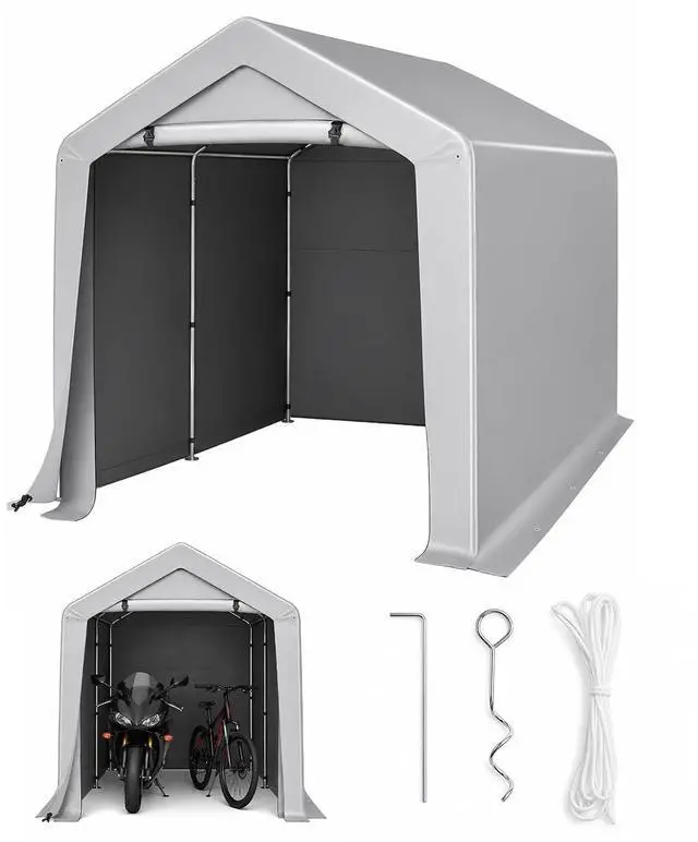 Main image of VINGLI 8x8 FT Outdoor Portable Storage Shed, Heavy Duty Bike Tent with Roll-up Zipper Door, Waterproof and UV Resistent Carport for Motorcycle, Garden Tools and Firewood, Gray