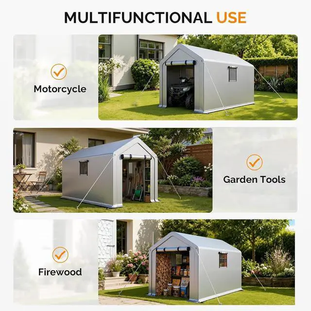 Alt view image 6 of 7 - VINGLI 6x10 FT Outdoor Storage Shelter Shed, Heavy Duty Portable Garage with Roll-up Zipper Door, Waterproof and UV Resistent Carport Tent for Motorcycle, Garden Tools, Firewood, Gray