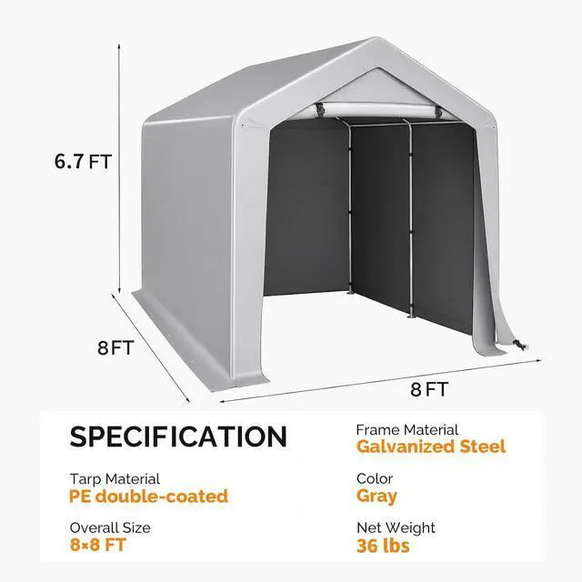Alt view image 3 of 7 - VINGLI 8x8 FT Outdoor Portable Storage Shed, Heavy Duty Bike Tent with Roll-up Zipper Door, Waterproof and UV Resistent Carport for Motorcycle, Garden Tools and Firewood, Gray