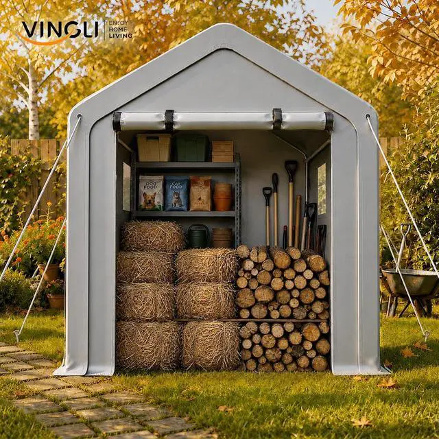Alt view image 7 of 7 - VINGLI 6x10 FT Outdoor Storage Shelter Shed, Heavy Duty Portable Garage with Roll-up Zipper Door, Waterproof and UV Resistent Carport Tent for Motorcycle, Garden Tools, Firewood, Gray
