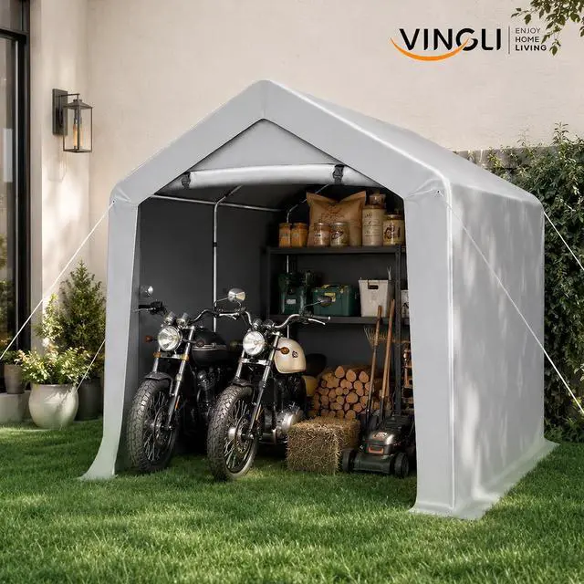 Alt view image 2 of 7 - VINGLI 8x8 FT Outdoor Portable Storage Shed, Heavy Duty Bike Tent with Roll-up Zipper Door, Waterproof and UV Resistent Carport for Motorcycle, Garden Tools and Firewood, Gray