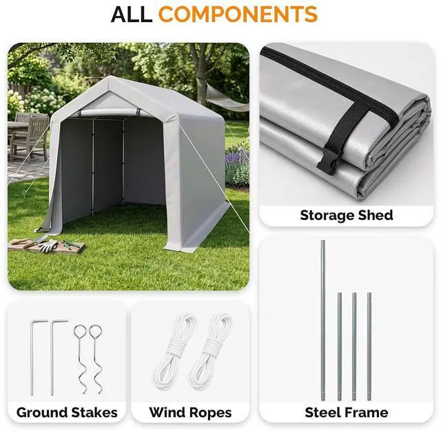 Alt view image 6 of 7 - VINGLI 8x8 FT Outdoor Portable Storage Shed, Heavy Duty Bike Tent with Roll-up Zipper Door, Waterproof and UV Resistent Carport for Motorcycle, Garden Tools and Firewood, Gray