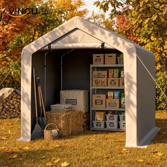 Alt view image 7 of 7 - VINGLI 8x8 FT Outdoor Portable Storage Shed, Heavy Duty Bike Tent with Roll-up Zipper Door, Waterproof and UV Resistent Carport for Motorcycle, Garden Tools and Firewood, Gray