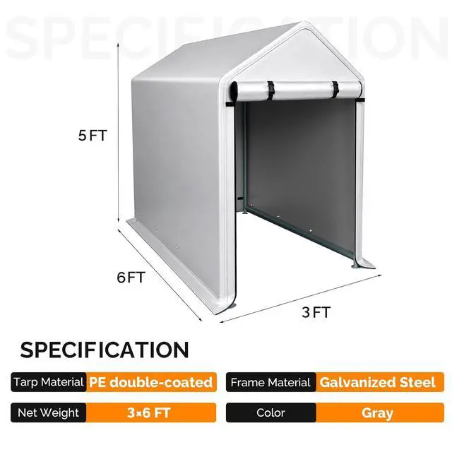Alt view image 2 of 7 - VINGLI 3x6 FT Outdoor Storage Shelter Shed, Heavy Duty Portable Garage with Roll-up Zipper Door, Waterproof and UV Resistent Carport Tent for Motorcycle, Garden Tools, Firewood, Gray