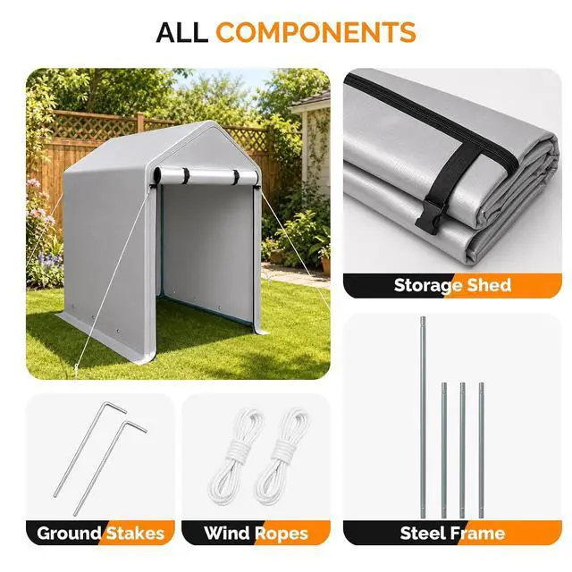Alt view image 5 of 7 - VINGLI 3x6 FT Outdoor Storage Shelter Shed, Heavy Duty Portable Garage with Roll-up Zipper Door, Waterproof and UV Resistent Carport Tent for Motorcycle, Garden Tools, Firewood, Gray