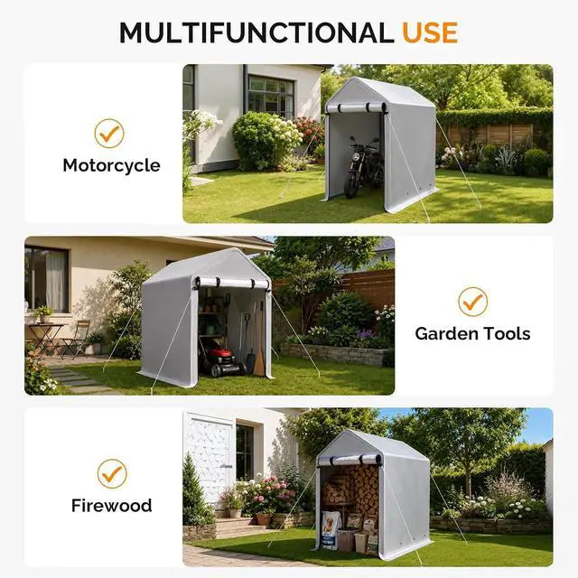 Alt view image 6 of 7 - VINGLI 3x6 FT Outdoor Storage Shelter Shed, Heavy Duty Portable Garage with Roll-up Zipper Door, Waterproof and UV Resistent Carport Tent for Motorcycle, Garden Tools, Firewood, Gray