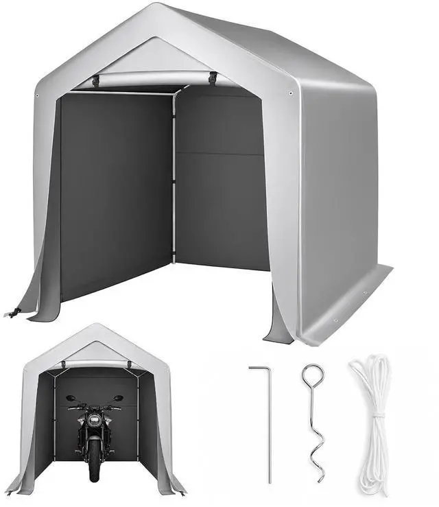 Main image of VINGLI 6x6 FT Outdoor Portable Storage Shed, Heavy Duty Bike Tent with Roll-up Zipper Door, Waterproof and UV Resistent Carport for Motorcycle, Garden Tools and Firewood, Gray