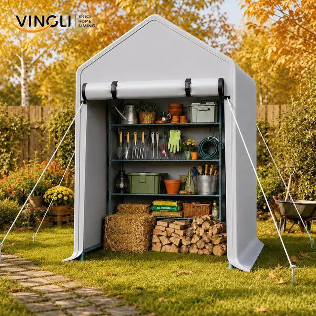 Alt view image 7 of 7 - VINGLI 3x6 FT Outdoor Storage Shelter Shed, Heavy Duty Portable Garage with Roll-up Zipper Door, Waterproof and UV Resistent Carport Tent for Motorcycle, Garden Tools, Firewood, Gray