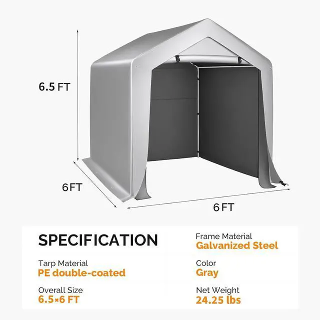 Alt view image 3 of 7 - VINGLI 6x6 FT Outdoor Portable Storage Shed, Heavy Duty Bike Tent with Roll-up Zipper Door, Waterproof and UV Resistent Carport for Motorcycle, Garden Tools and Firewood, Gray