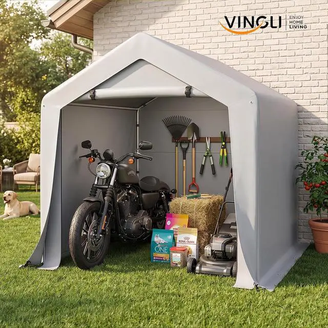 Alt view image 2 of 7 - VINGLI 6x6 FT Outdoor Portable Storage Shed, Heavy Duty Bike Tent with Roll-up Zipper Door, Waterproof and UV Resistent Carport for Motorcycle, Garden Tools and Firewood, Gray