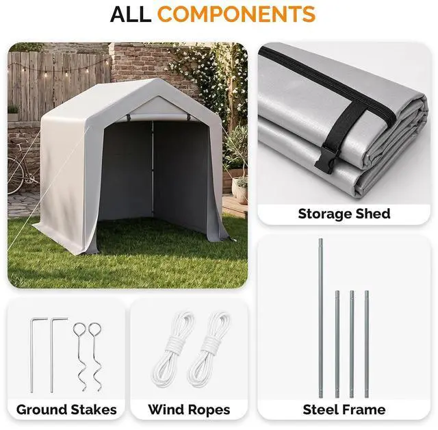 Alt view image 6 of 7 - VINGLI 6x6 FT Outdoor Portable Storage Shed, Heavy Duty Bike Tent with Roll-up Zipper Door, Waterproof and UV Resistent Carport for Motorcycle, Garden Tools and Firewood, Gray