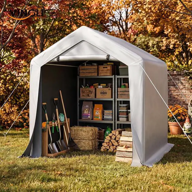 Alt view image 7 of 7 - VINGLI 6x6 FT Outdoor Portable Storage Shed, Heavy Duty Bike Tent with Roll-up Zipper Door, Waterproof and UV Resistent Carport for Motorcycle, Garden Tools and Firewood, Gray