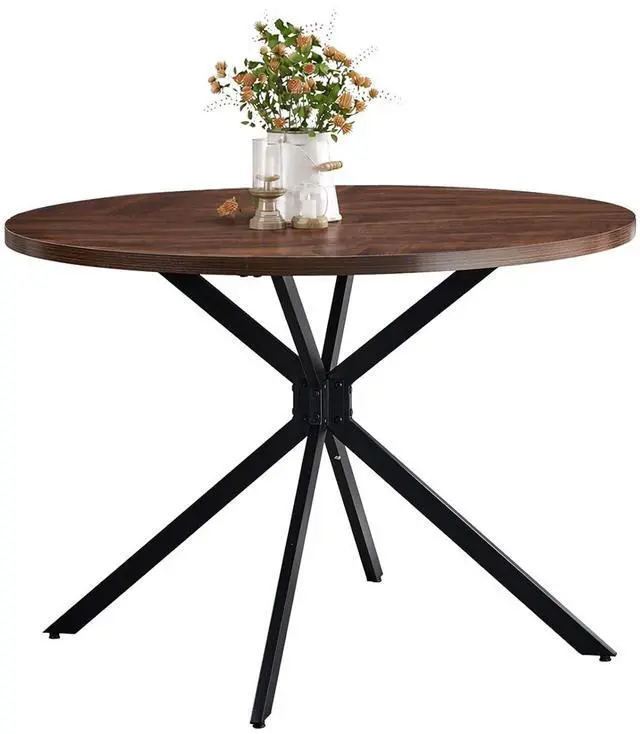 Main image of VINGLI Round Dining Table for 4, 42" Wood Kitchen Table, Walnut | Cross Metal Leg, Adjustable Feet, Wood Tabletop, Farmhouse Style, for Living Room, Dining Room, Kitchen, Small Place