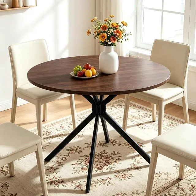 Alt view image 2 of 3 - VINGLI Round Dining Table for 4, 42" Wood Kitchen Table, Walnut | Cross Metal Leg, Adjustable Feet, Wood Tabletop, Farmhouse Style, for Living Room, Dining Room, Kitchen, Small Place