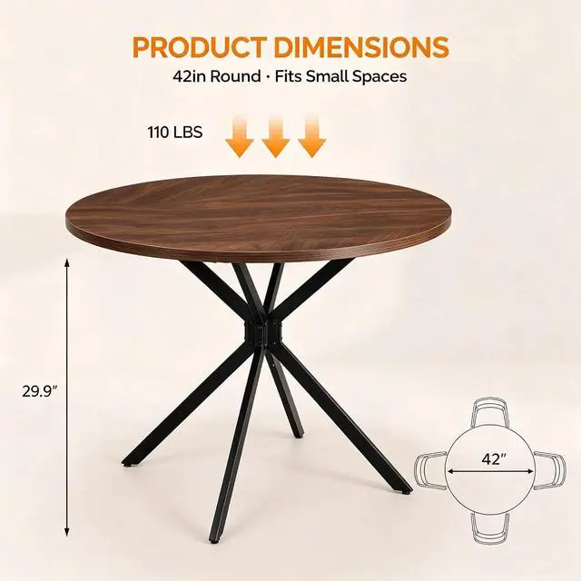 Alt view image 3 of 3 - VINGLI Round Dining Table for 4, 42" Wood Kitchen Table, Walnut | Cross Metal Leg, Adjustable Feet, Wood Tabletop, Farmhouse Style, for Living Room, Dining Room, Kitchen, Small Place