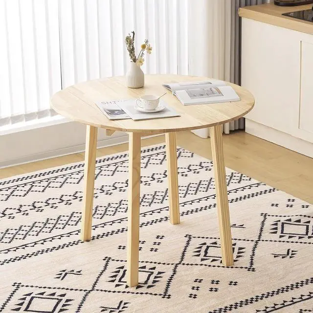 Alt view image 2 of 7 - VINGLI 35" Solid Wood Folding Dining Table, Drop Leaf Kichen Dining Room Desk for Small Spaces, Small Kitchen, Expandable Folding Round Table for Home, Apartment,Office, Light Oak