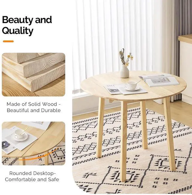 Alt view image 4 of 7 - VINGLI 35" Solid Wood Folding Dining Table, Drop Leaf Kichen Dining Room Desk for Small Spaces, Small Kitchen, Expandable Folding Round Table for Home, Apartment,Office, Light Oak