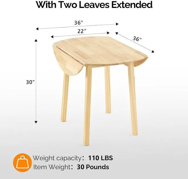 Alt view image 3 of 7 - VINGLI 35" Solid Wood Folding Dining Table, Drop Leaf Kichen Dining Room Desk for Small Spaces, Small Kitchen, Expandable Folding Round Table for Home, Apartment,Office, Light Oak