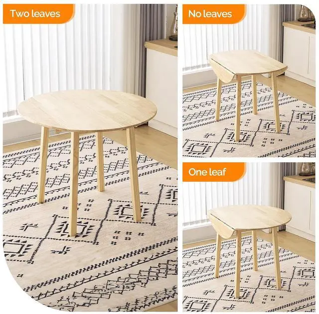 Alt view image 5 of 7 - VINGLI 35" Solid Wood Folding Dining Table, Drop Leaf Kichen Dining Room Desk for Small Spaces, Small Kitchen, Expandable Folding Round Table for Home, Apartment,Office, Light Oak