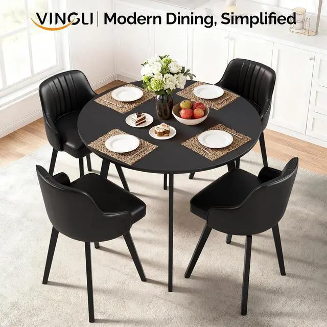 Alt view image 6 of 7 - VINGLI Round Dining Table for 2-4, 35" Modern Kitchen Table, Black | with Metal Cross Legs, Wood Tabletop, Space-Saving, for Home, Kitchen, Small Space, Apartment