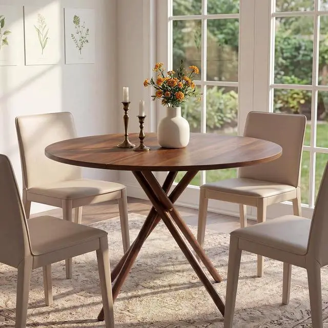 Main image of VINGLI 37.5" Round Dining Table for 4, Wood Kitchen Table, Walnut | Cross Metal Leg, Adjustable Feet, Wood Tabletop, Mid-Century Modern Style, for Living Room, Dining Room, Kitchen, Small Place