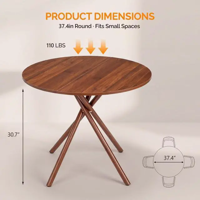 Alt view image 2 of 7 - VINGLI 37.5" Round Dining Table for 4, Wood Kitchen Table, Walnut | Cross Metal Leg, Adjustable Feet, Wood Tabletop, Mid-Century Modern Style, for Living Room, Dining Room, Kitchen, Small Place