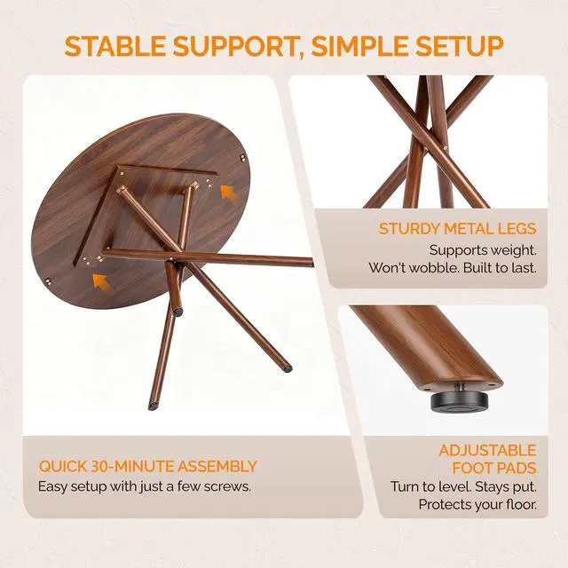Alt view image 3 of 7 - VINGLI 37.5" Round Dining Table for 4, Wood Kitchen Table, Walnut | Cross Metal Leg, Adjustable Feet, Wood Tabletop, Mid-Century Modern Style, for Living Room, Dining Room, Kitchen, Small Place