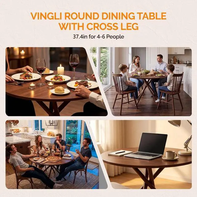 Alt view image 6 of 7 - VINGLI 37.5" Round Dining Table for 4, Wood Kitchen Table, Walnut | Cross Metal Leg, Adjustable Feet, Wood Tabletop, Mid-Century Modern Style, for Living Room, Dining Room, Kitchen, Small Place