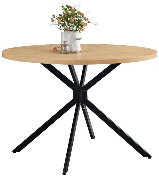 Main image of VINGLI Round Dining Table for 4, 42" Wood Kitchen Table, Oak | Cross Metal Leg, Adjustable Feet, Wood Tabletop, Farmhouse Style, for Living Room, Dining Room, Kitchen, Small Place
