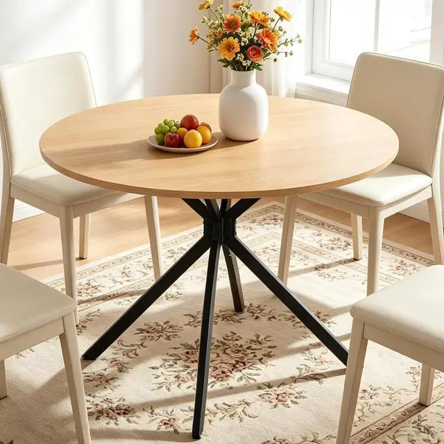 Alt view image 2 of 3 - VINGLI Round Dining Table for 4, 42" Wood Kitchen Table, Oak | Cross Metal Leg, Adjustable Feet, Wood Tabletop, Farmhouse Style, for Living Room, Dining Room, Kitchen, Small Place