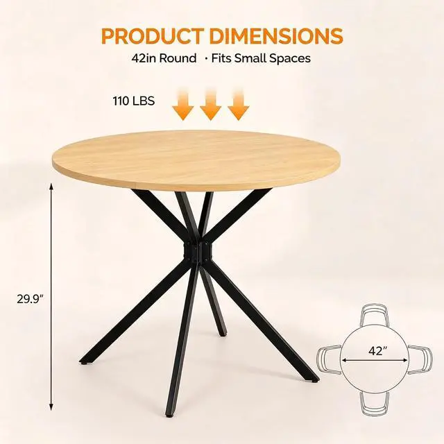 Alt view image 3 of 3 - VINGLI Round Dining Table for 4, 42" Wood Kitchen Table, Oak | Cross Metal Leg, Adjustable Feet, Wood Tabletop, Farmhouse Style, for Living Room, Dining Room, Kitchen, Small Place